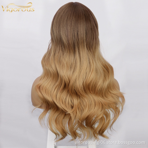 Vigorous Vendor Cheap Wholesale Long Body Natural Wave Ombre Brown Wig With Bangs For Black Women Synthetic Hair Wigs